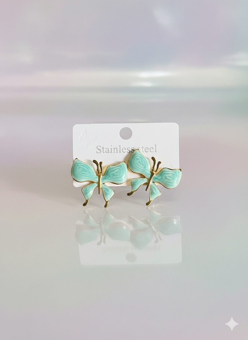 Enamel Mint Butterfly Earrings - Gold-Plated Stainless Steel Studs