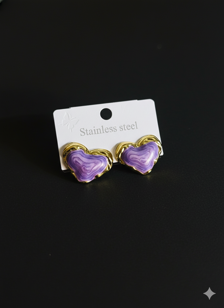Agate-Inspired Purple Heart Drop Earrings - Gold-Plated Stainless Steel for Everyday Wear