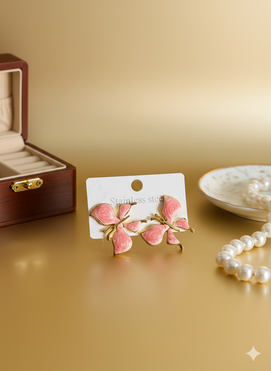 Whimsical Pink Enamel Butterfly Earrings - Durable Stainless Steel Statement Jewelry for Everyday Wear