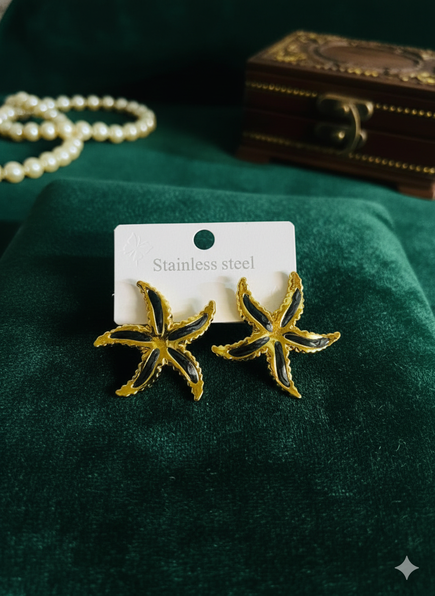 Elegant Starfish Stud Earrings: Gold-Tone Stainless Steel & Black Enamel | Durable, Ocean-Inspired Everyday Jewelry