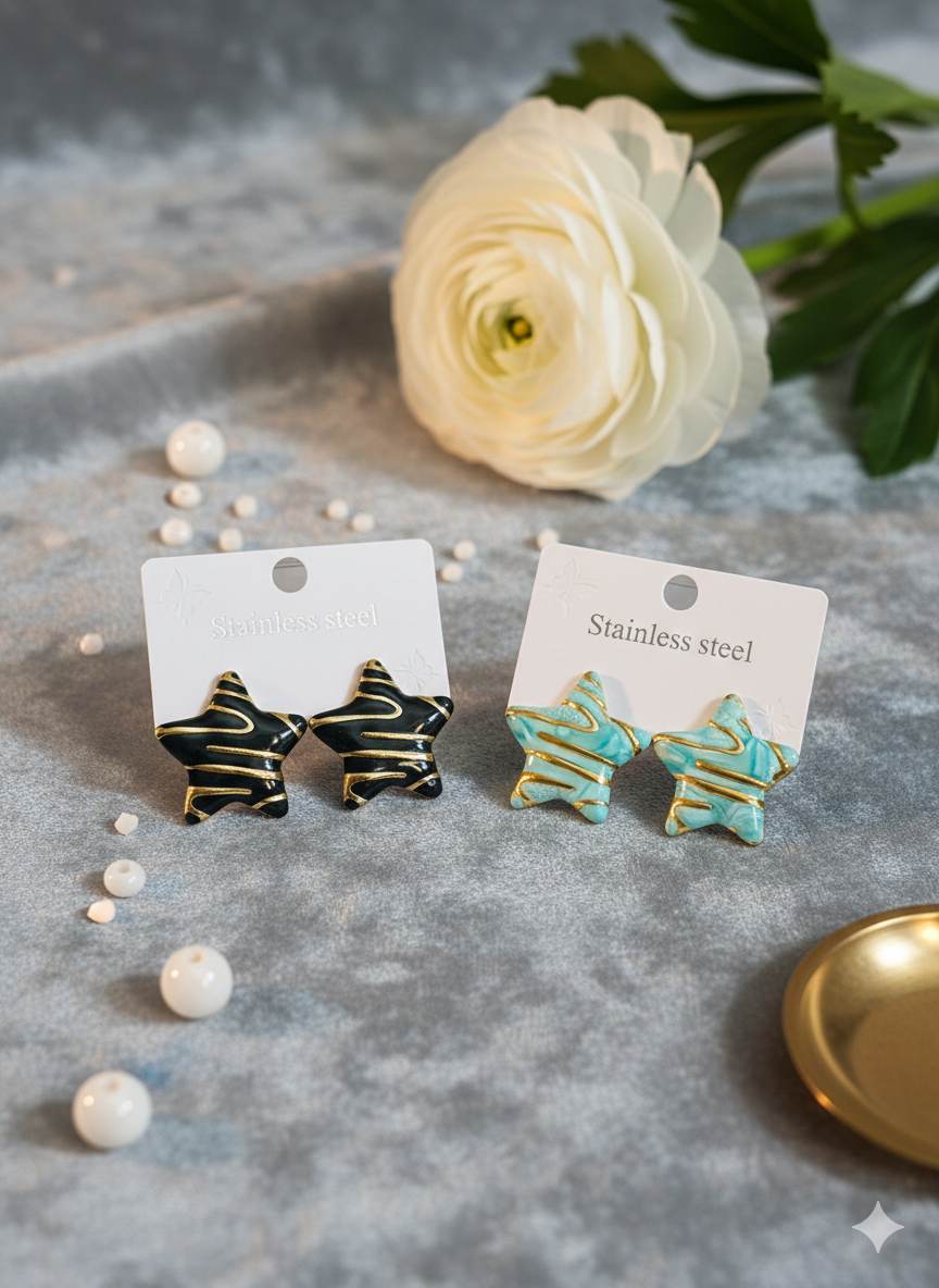 Handcrafted Star Stud Earrings: Stainless Steel, Enamel Finish | Durable & Chic Everyday Jewelry in Black & Teal