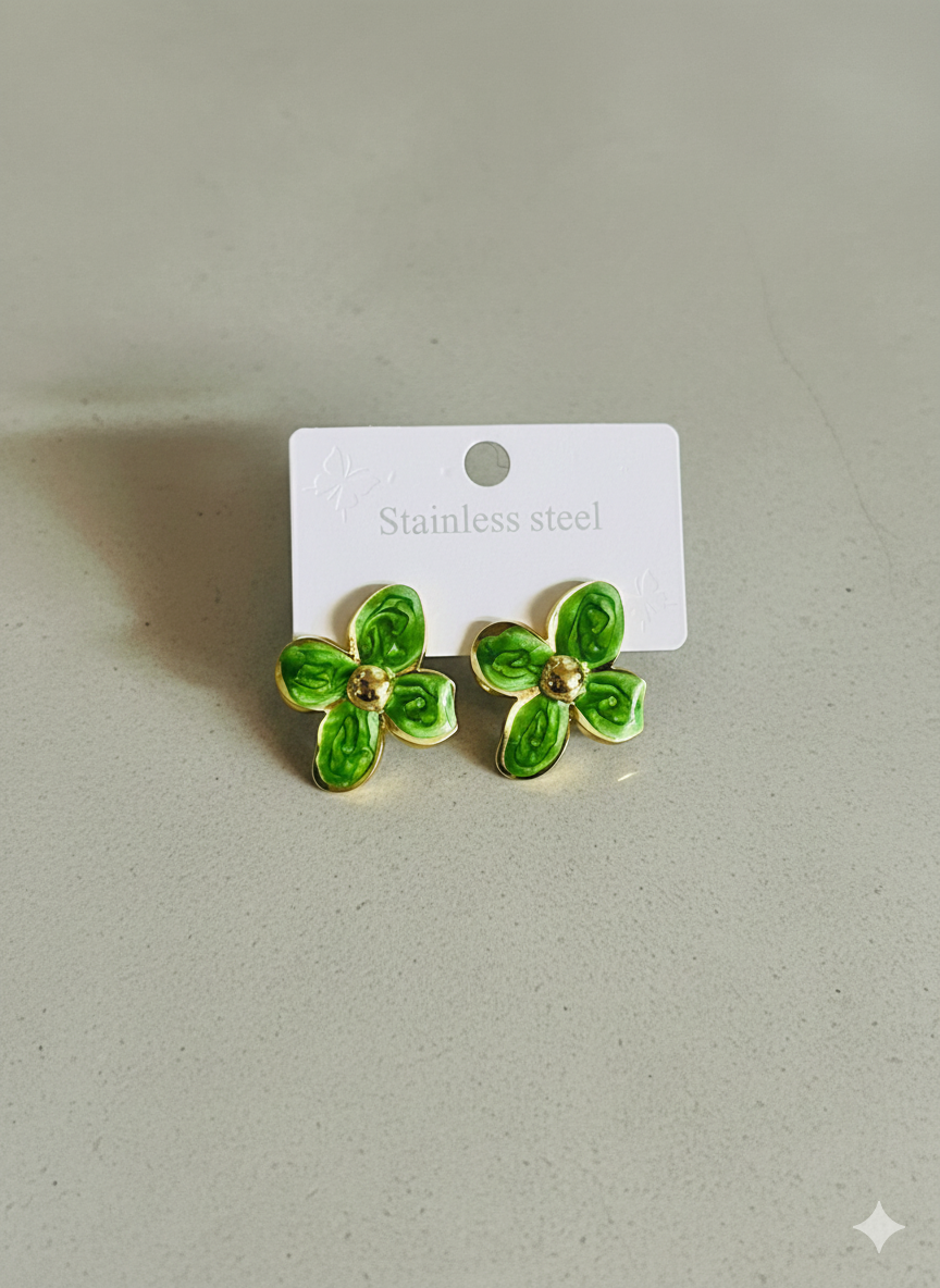 Vibrant Enamel Green Flower Stud Earrings | Stainless Steel, Durable & Everyday Chic Jewelry