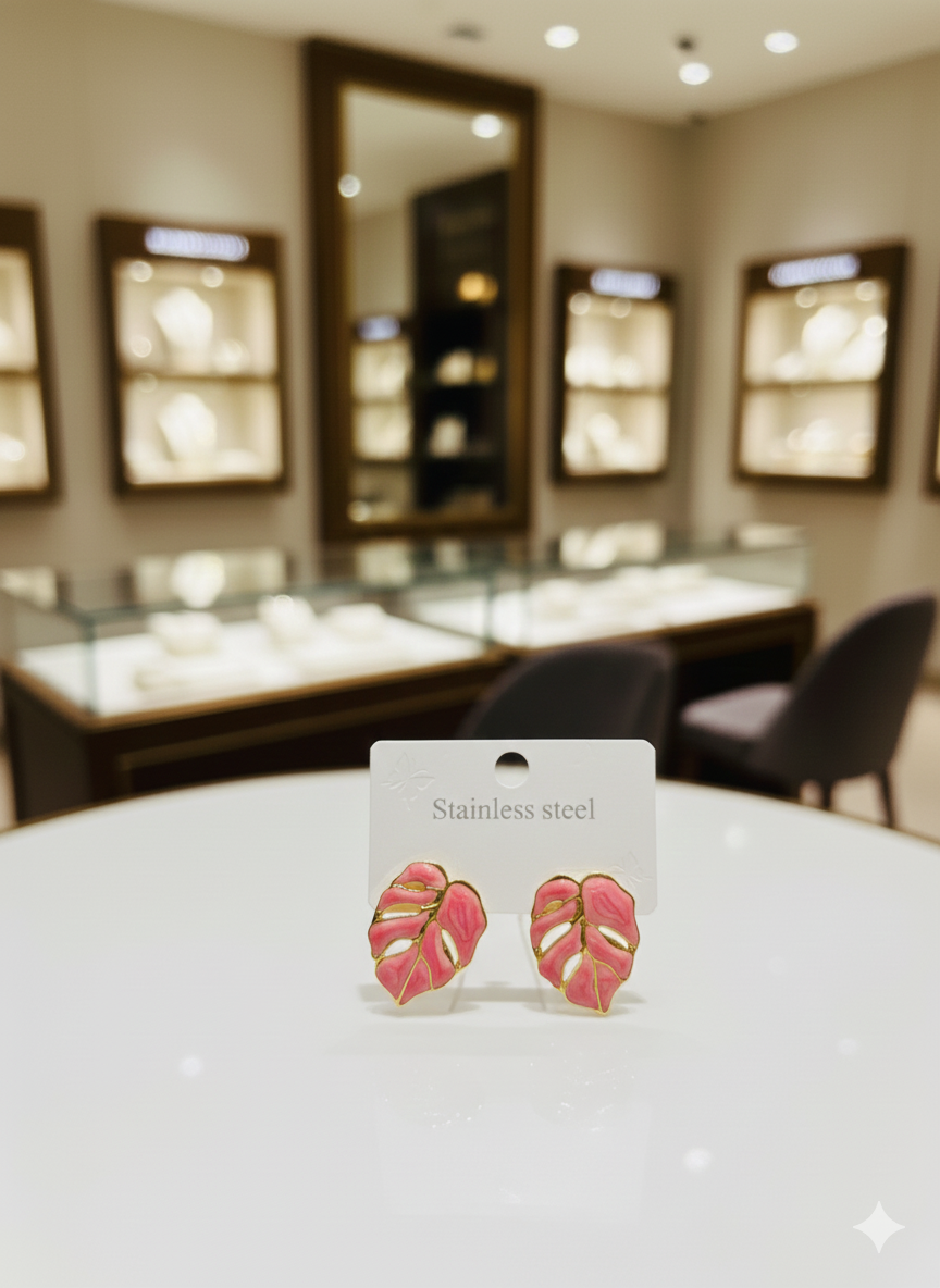 Pink Enamel Monstera Leaf Stud Earrings | Gold-Plated Stainless Steel Tropical Jewelry | Durable Tarnish-Resistant Everyday Accessory