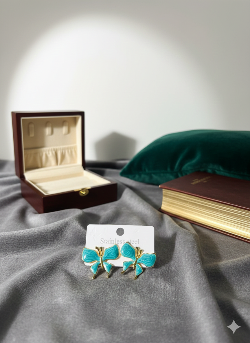 Teal Enamel Bow Stud Earrings | Gold-Plated Stainless Steel Ribbon Jewelry | Durable Tarnish-Resistant Everyday Wear