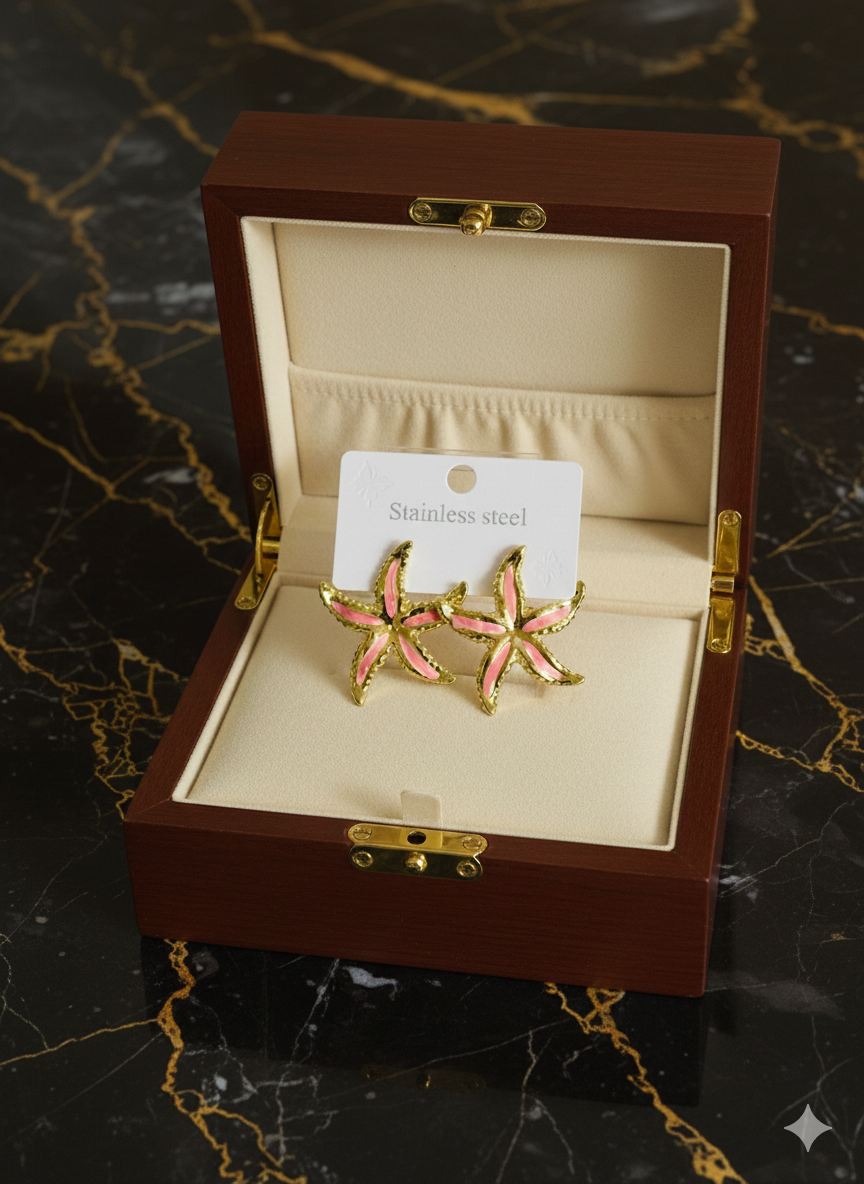 Pink Enamel Starfish Stud Earrings | Gold-Plated Stainless Steel Beach Jewelry | Durable Tarnish-Free Summer Gift