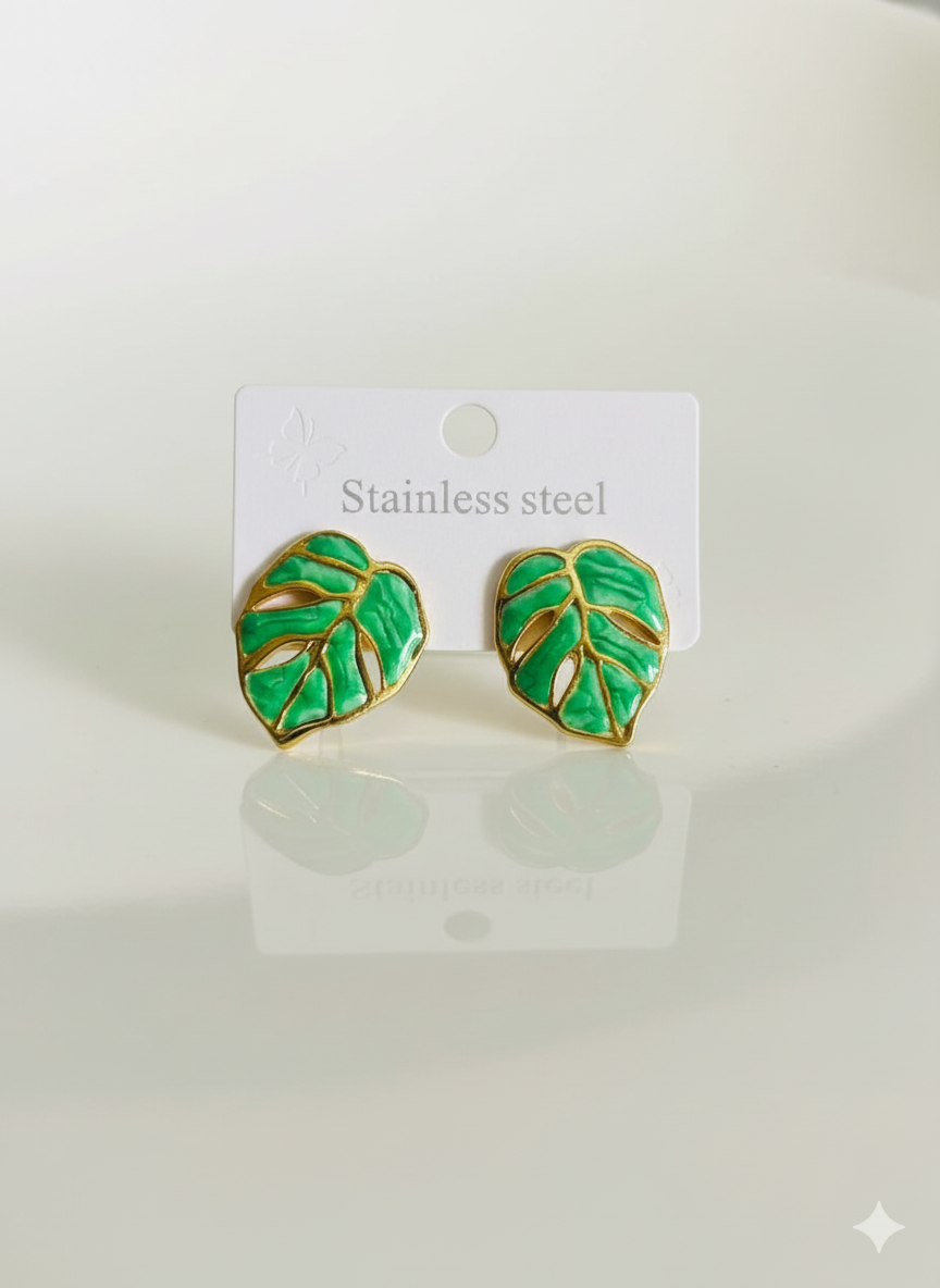 Enamel Gold-Plated Monstera Leaf Stud Earrings | Stainless Steel Tropical Plant Jewelry | Tarnish-Resistant Everyday Wear