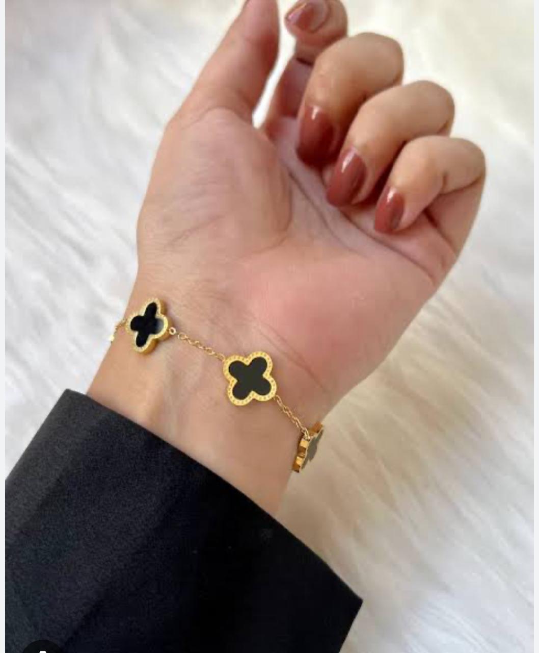 Elegant Clover Charm Gold-Plated Bracelet | Black Onyx Style Inlay | Durable, Everyday Luxury Jewelry