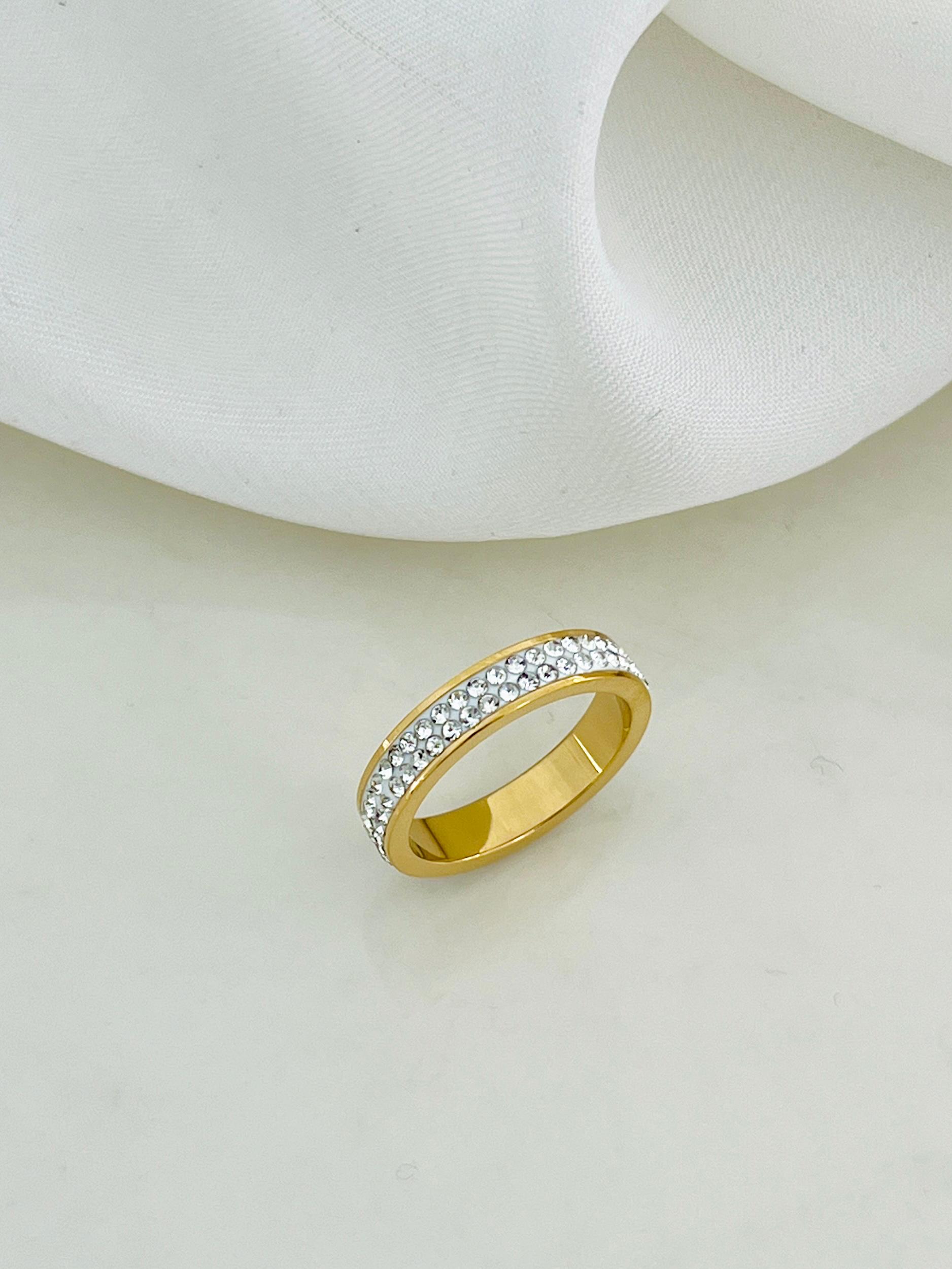 Durable Gold-Plated CZ Pave Double-Row Eternity Ring | Premium Stainless Steel Wedding Band for Everyday Wear