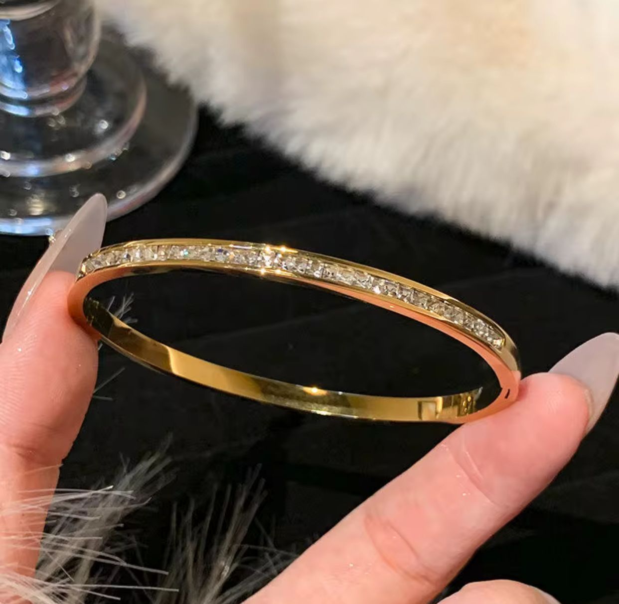 18K Gold Plated Pave Crystal Bangle Bracelet - Luxury Stackable, Tarnish-Resistant Everyday Jewelry
