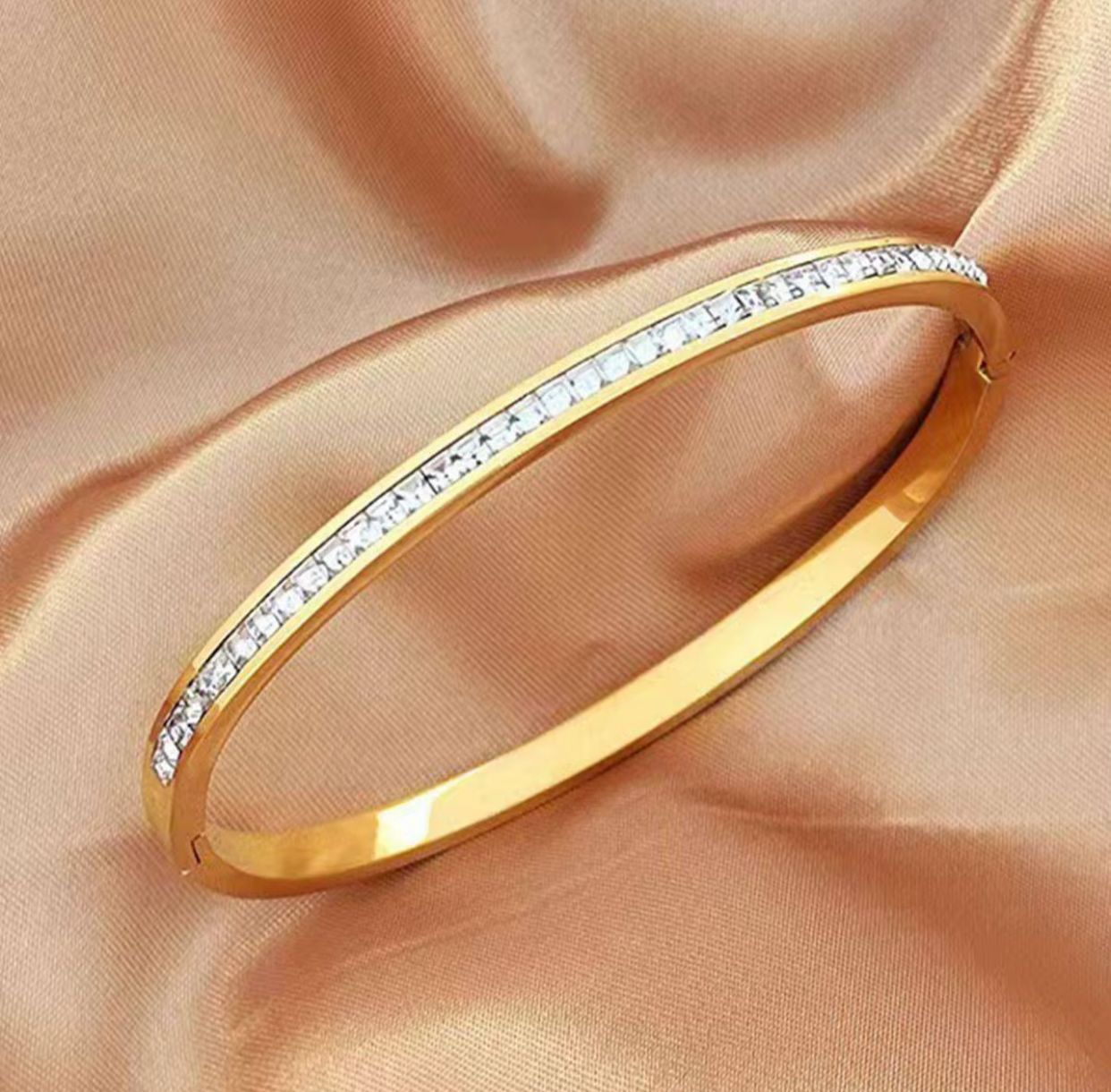 Luxury Gold-Plated Bangle Bracelet with Pave Crystals - Durable Stainless Steel Hinge Bangle for Everyday Wear