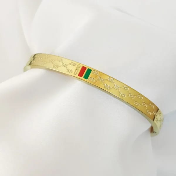 Luxury Gold-Tone GG Monogram Bangle | Durable Stainless Steel Cuff Bracelet with Signature Web Stripe | Everyday Designer Jewelry