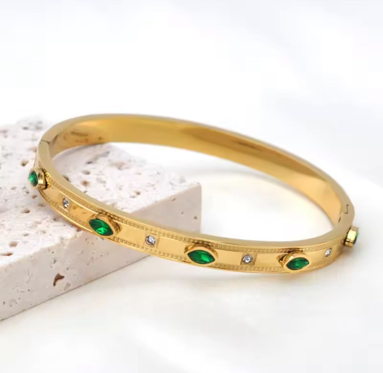 18K Gold Plated Emerald & Diamond Accent Bangle Bracelet | Durable, Everyday Luxury Stainless Steel Hinged Cuff