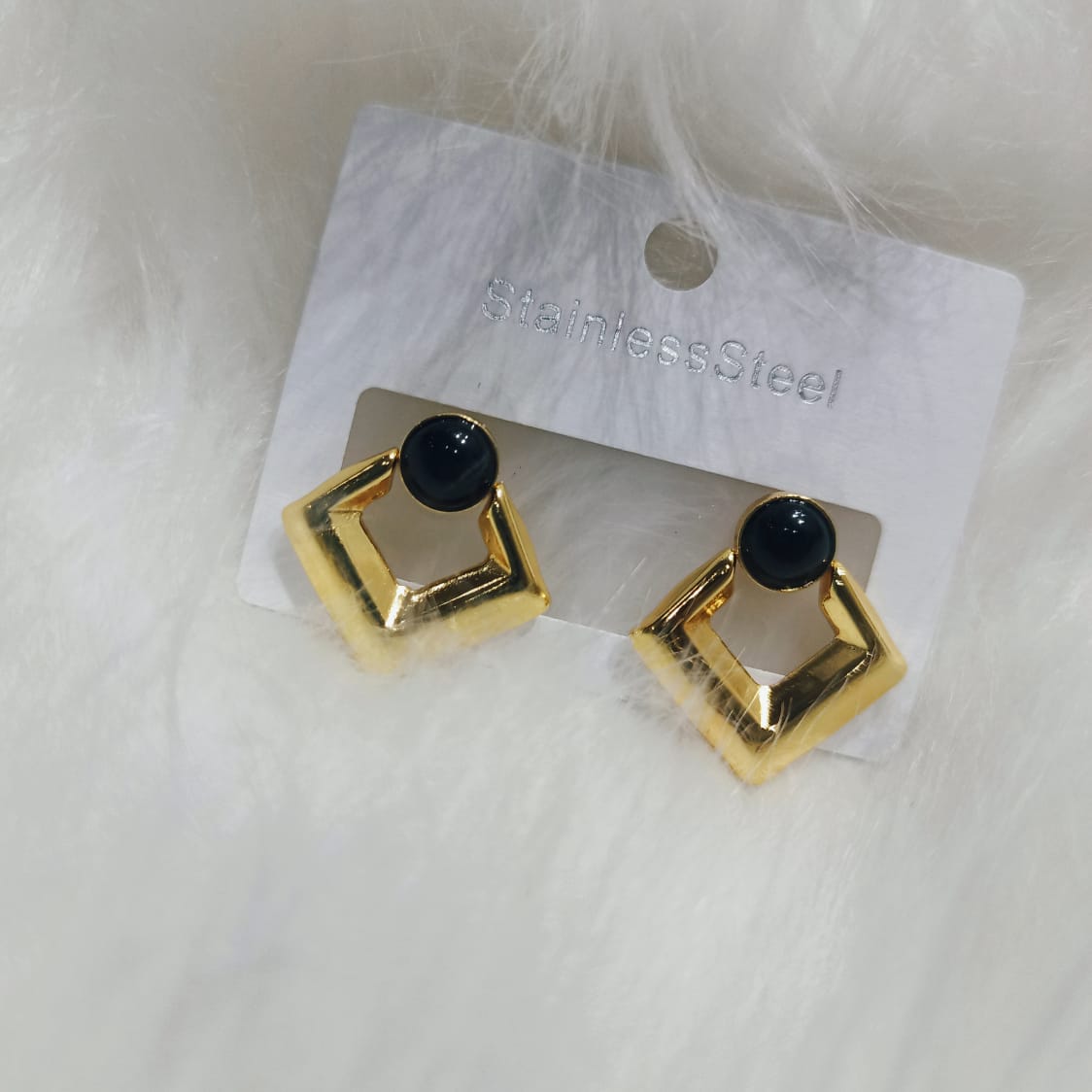 Chic Geometric Gold-Tone Stainless Steel Stud Earrings with Black Accent Bead | Durable & Everyday Wear