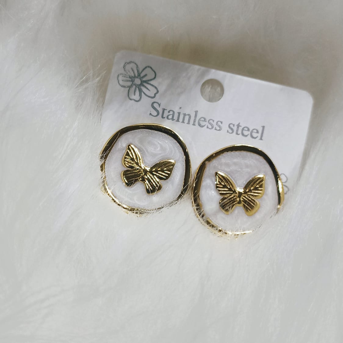 Chic Gold Butterfly Stainless Steel Stud Earrings - Elegant White Enamel, Durable & Everyday Wear Jewelry
