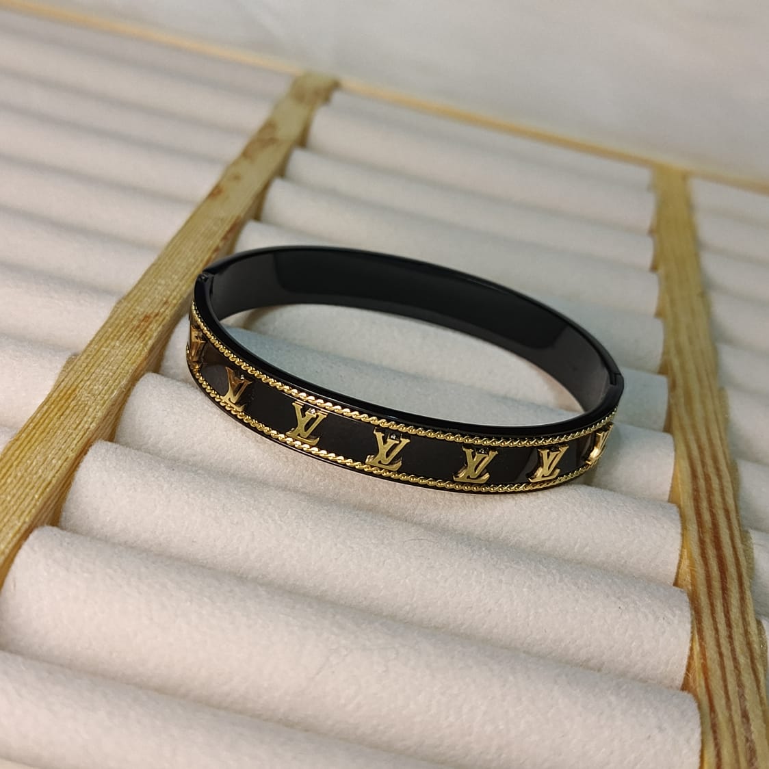 Louis Vuitton Style Black & Gold Logo Inlaid Bangle | Luxury Designer Inspired Bracelet