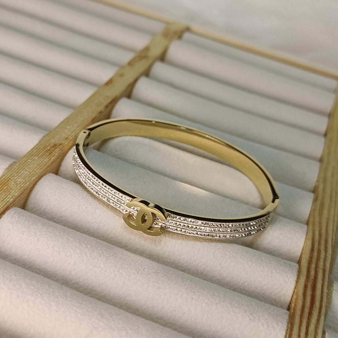 Luxury Interlocking C Bangle: Pave Crystal & Gold Plated Stainless Steel Bracelet for Women - Durable Everyday Wear