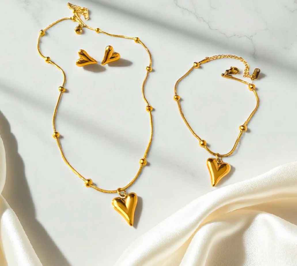 Gold Puffy Heart Jewelry Set | Durable Stainless Steel Snake Chain Necklace, Bracelet & Studs | Tarnish-Proof Everyday Gift