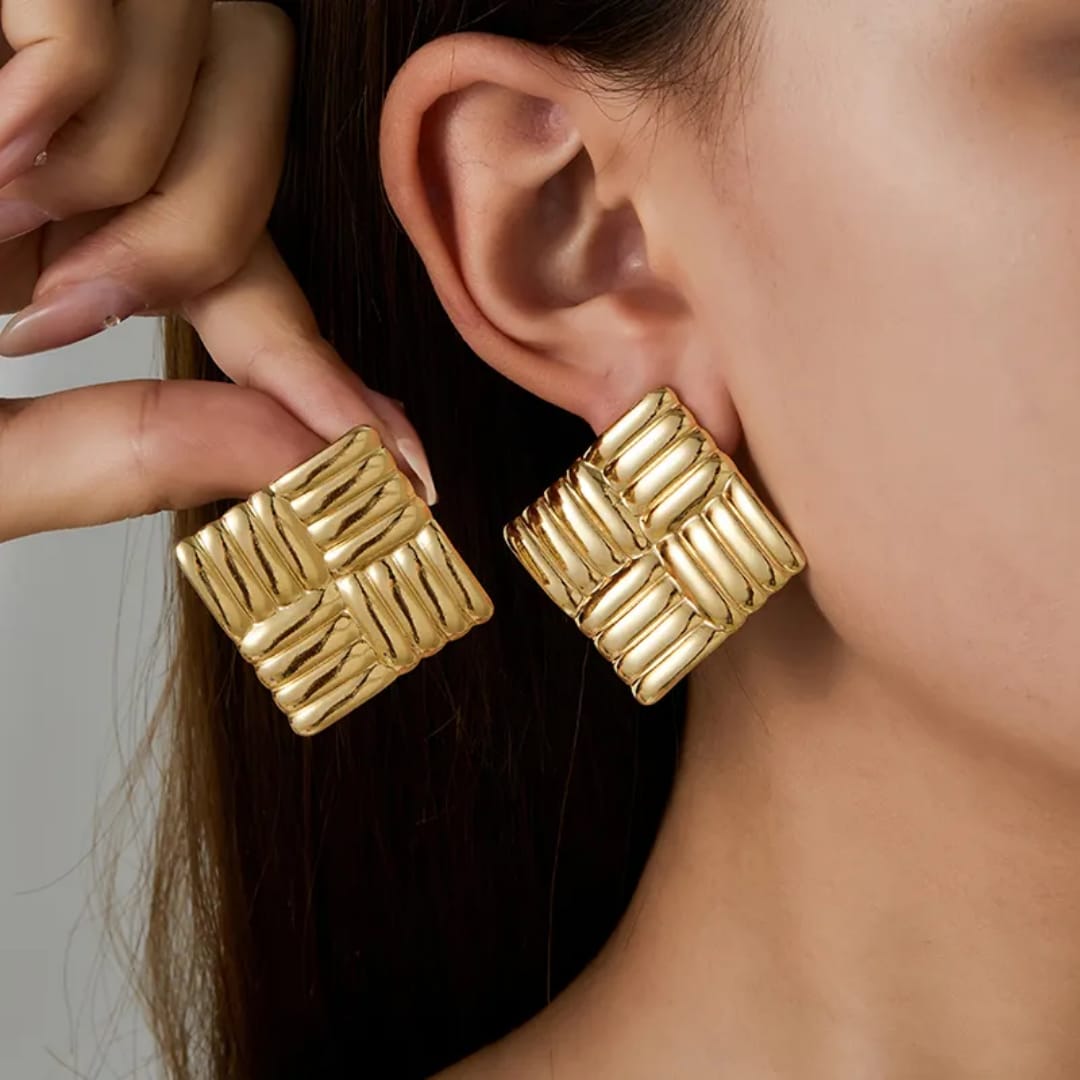 Wavy Rectangle Studs: Modern Gold Wavy Rectangle Earrings | Liquid Metal Stainless Steel Studs | Durable Everyday Wear