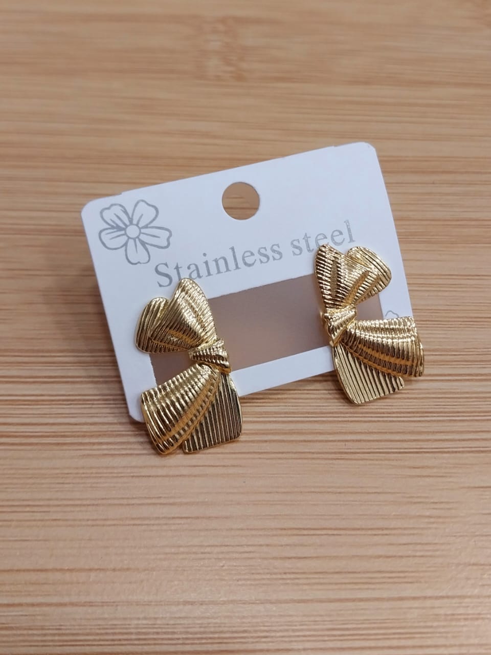 Ribbon Bow Studs: Textured Gold Ribbon Bow Earrings | Retro Style Stainless Steel