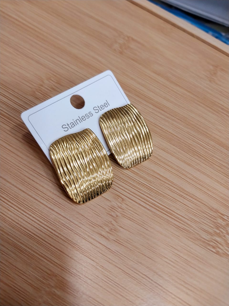 Statement Gold Wavy Rectangle Earrings | Textured Stainless Steel Post Studs | Tarnish-Proof Everyday Jewelry