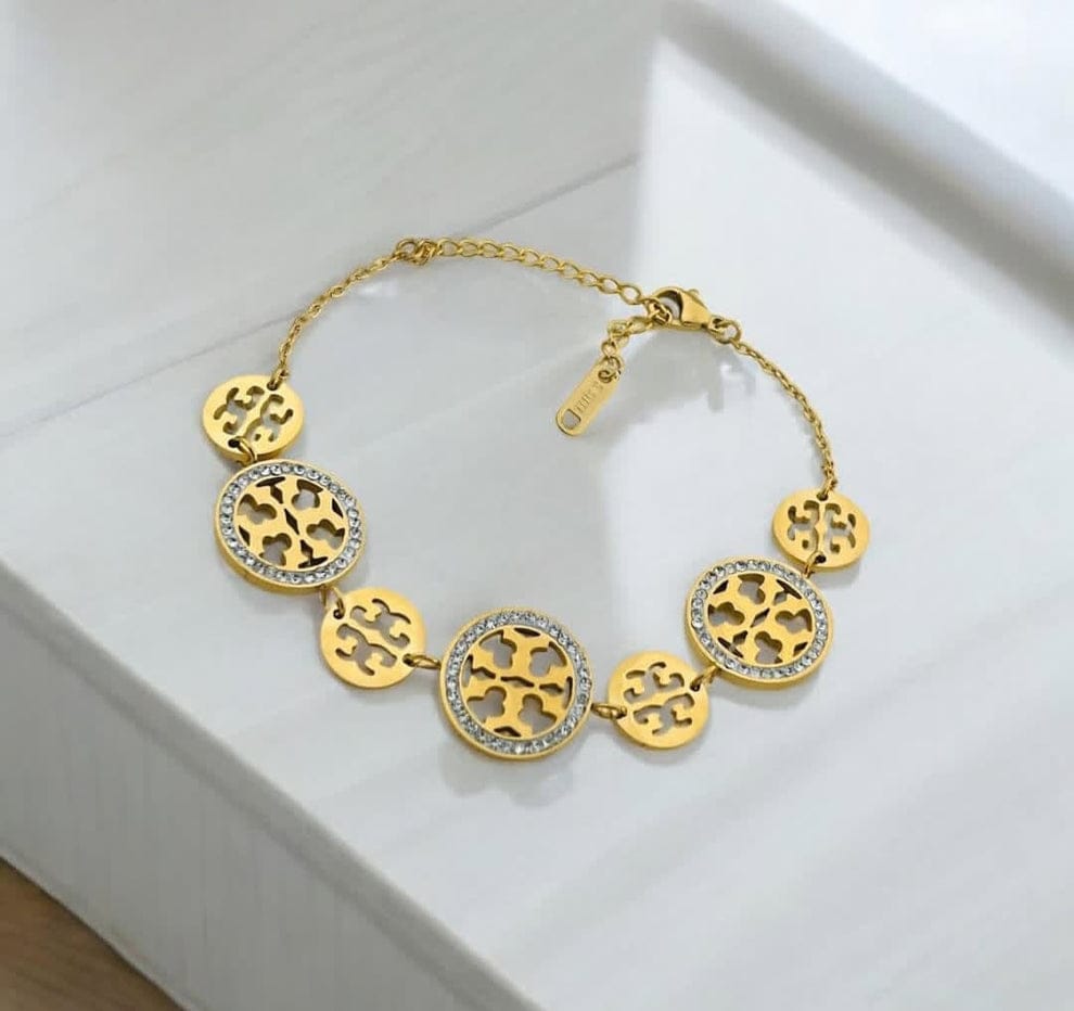 Gold Tory Burch Style Crystal Cut-Out Logo Bracelet