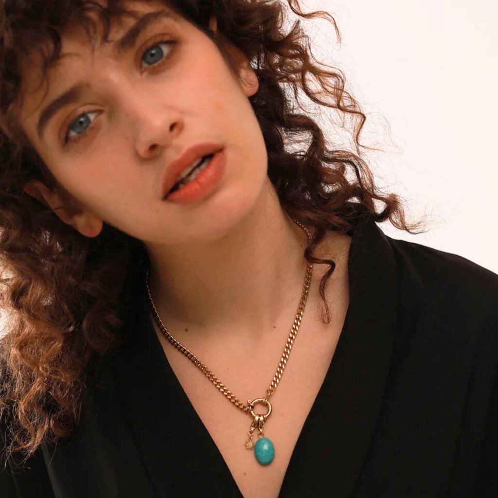 Gold Chunky Curb Chain Necklace with Oval Turquoise Pendant
