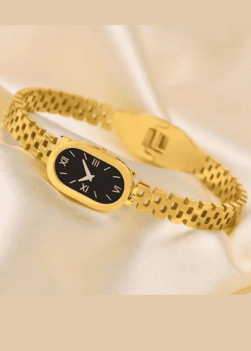 Elegant Oval Black Dial Gold Bracelet for Women – Vintage Minimalist Style