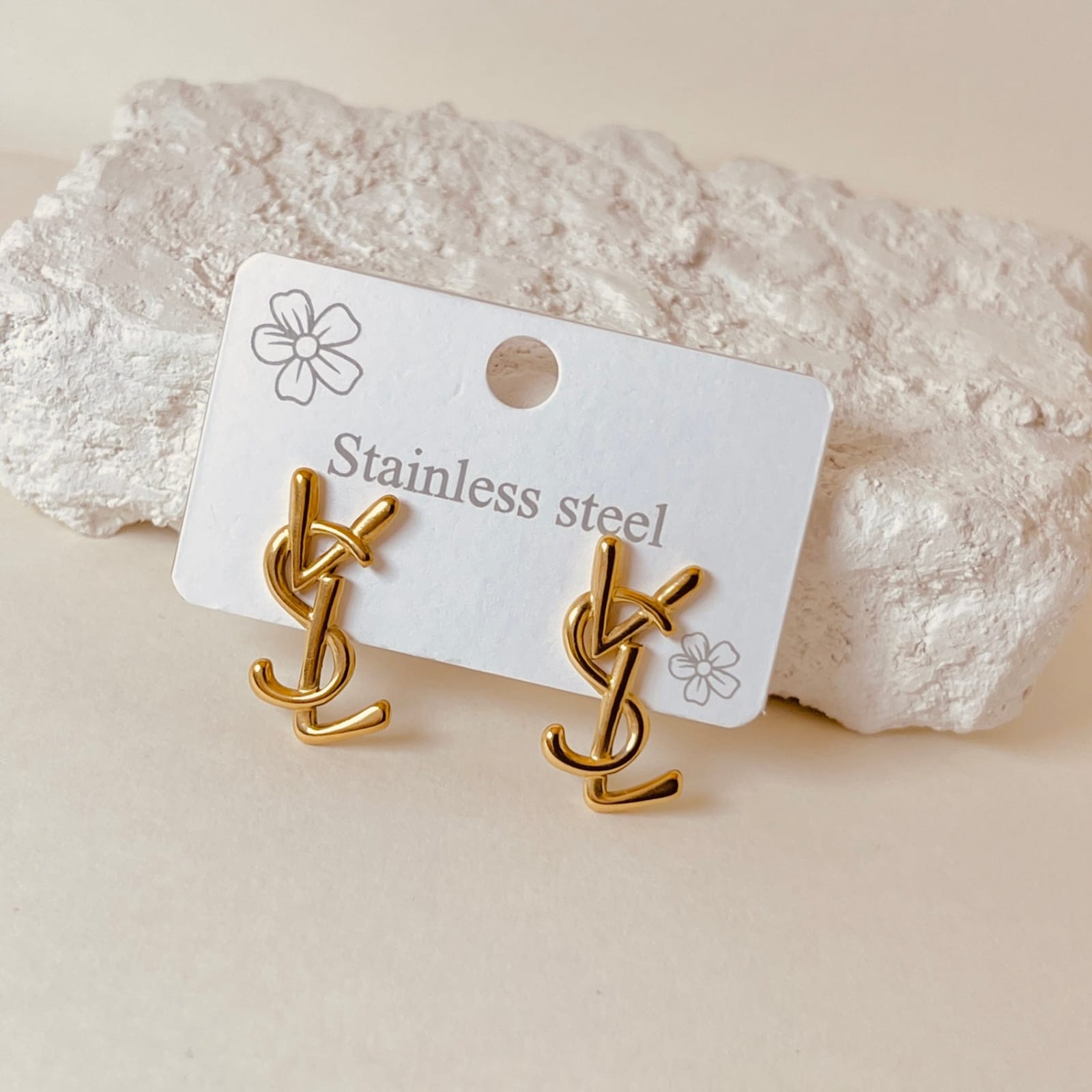 Gold-Plated YSL Monogram Stud Earrings – Premium Stainless Steel