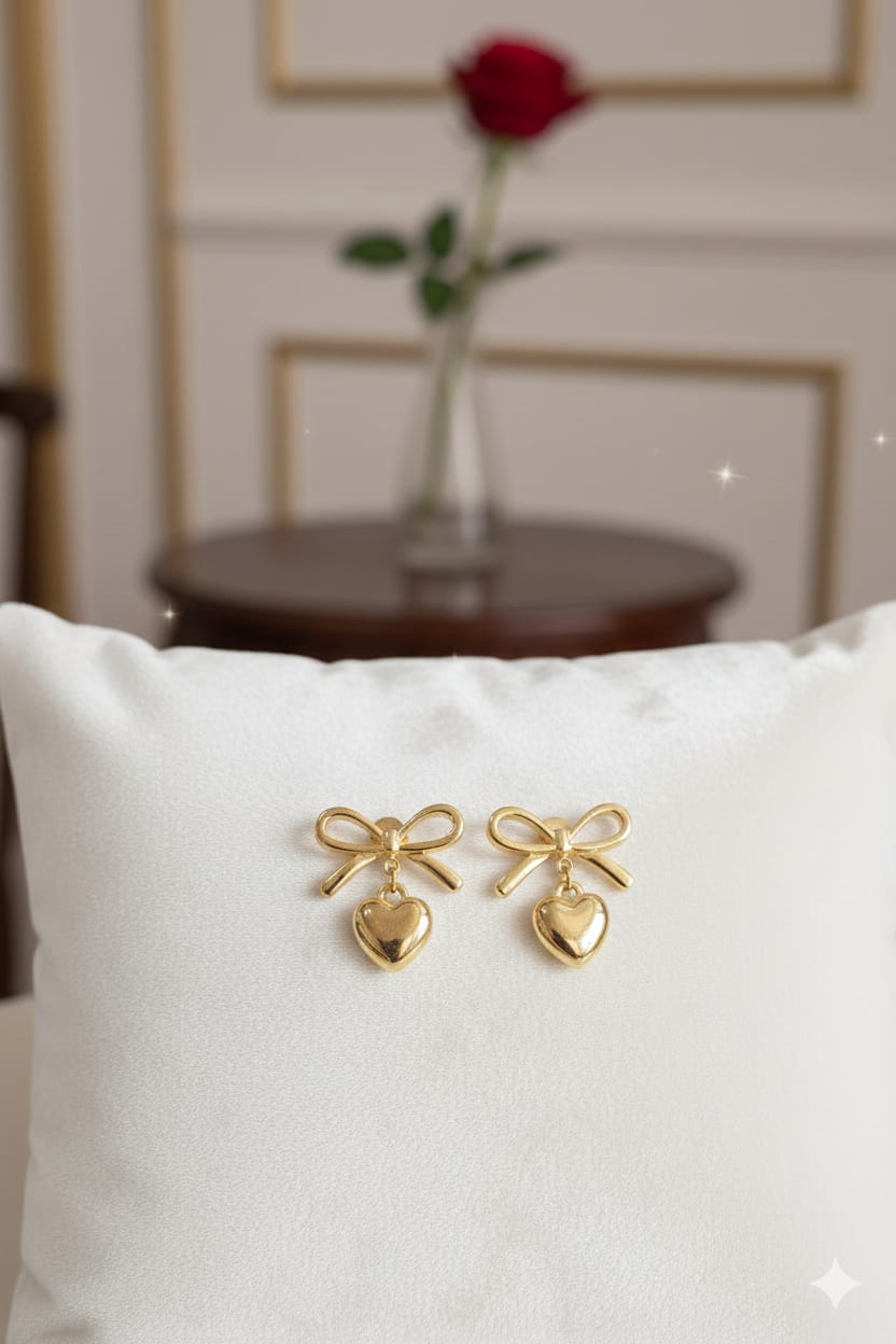 Gold Bow and Heart Drop Earrings