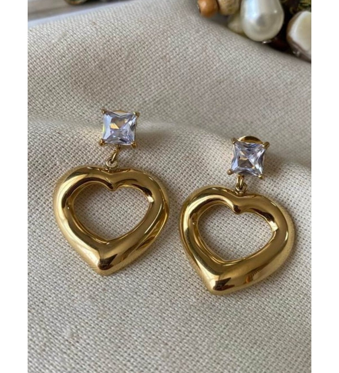 Gold Heart Drop Earrings with Square Crystal Studs