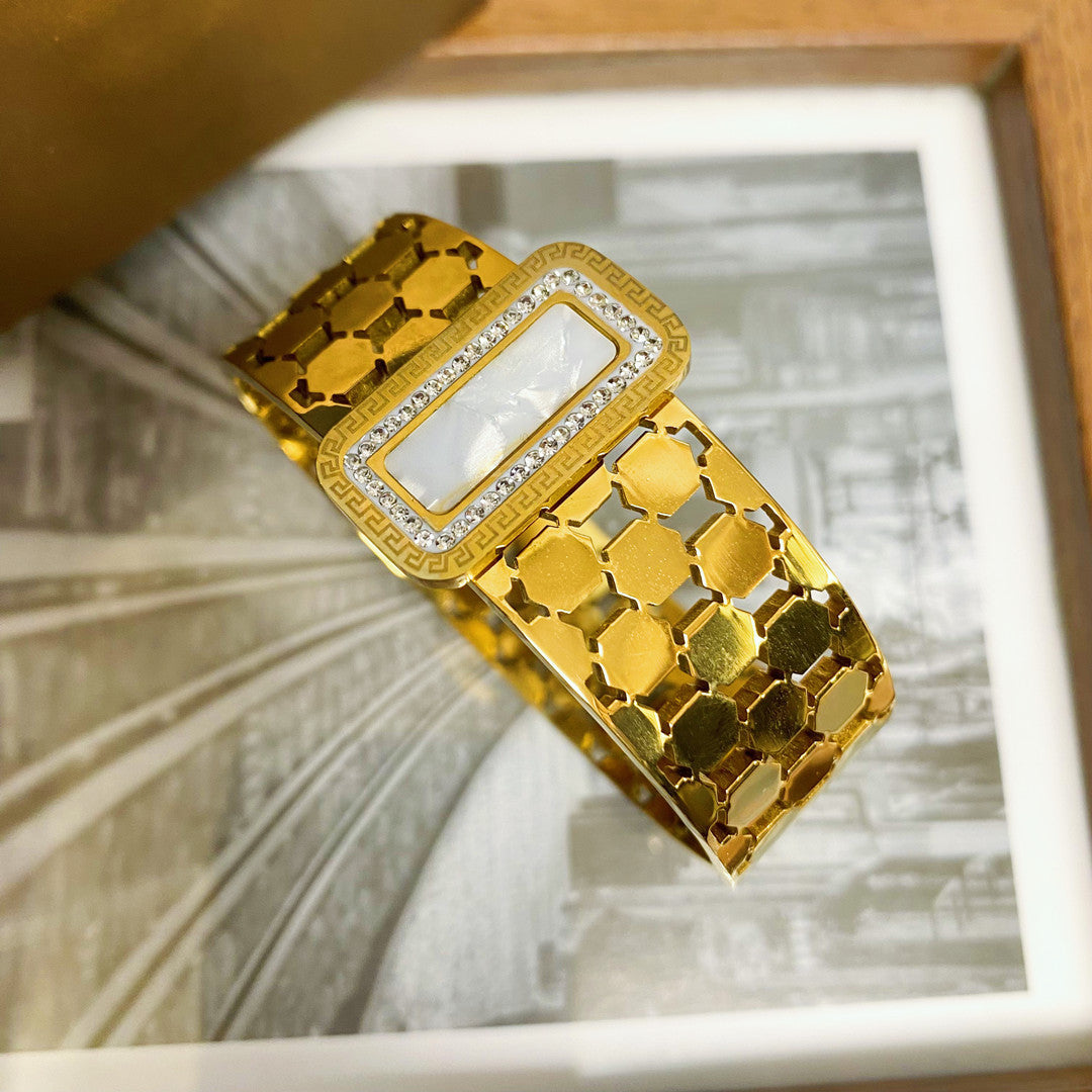 Luxury Gold-Plated Honeycomb Bangle Bracelet | Mother of Pearl & Crystal Buckle | Durable Stainless Steel Jewelry for Everyday Wear