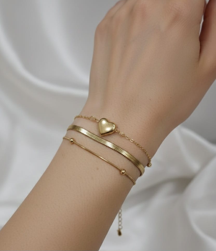 Luxury Gold-Plated Layered Bracelet Set | Durable Stainless Steel Jewelry for Everyday Wear | Heart Charm & Herringbone Chains