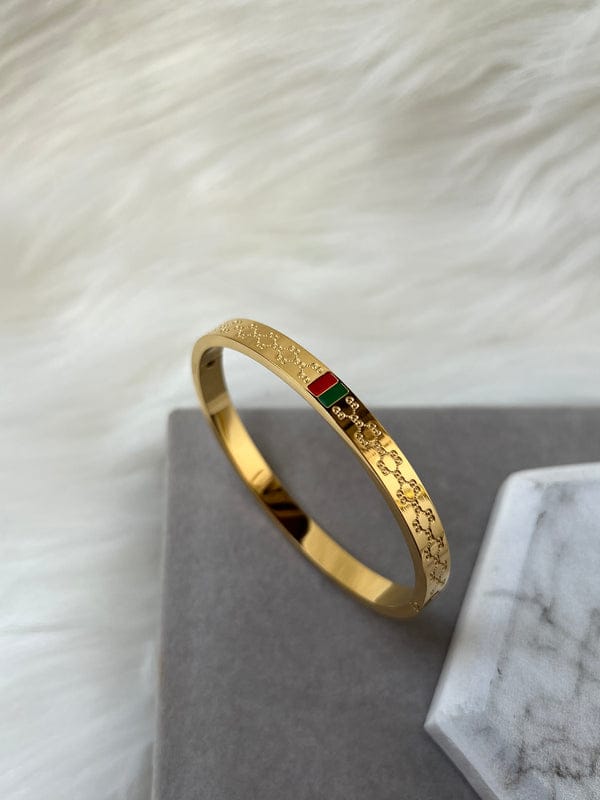 Luxury Gold-Tone GG Monogram Bangle | Durable Stainless Steel Cuff Bracelet with Signature Web Stripe | Everyday Designer Jewelry