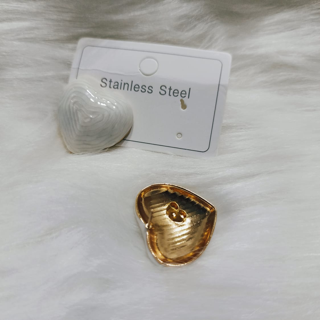 Chic Stainless Steel Heart Stud Earrings (White Enamel & Gold Finish) - Durable, Hypoallergenic & Everyday Wear