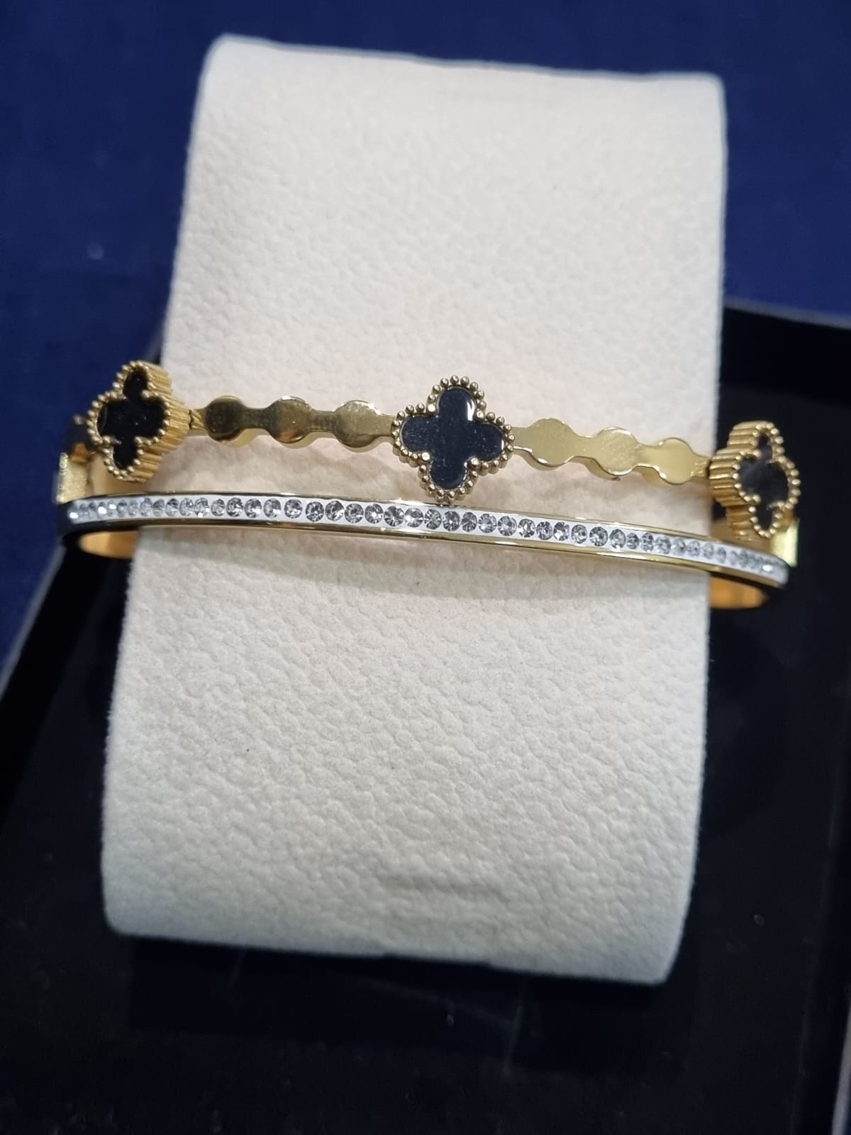 Luxury Gold-Plated Clover & Pave Crystal Double-Layer Bangle | Durable Stainless Steel Everyday Bracelet