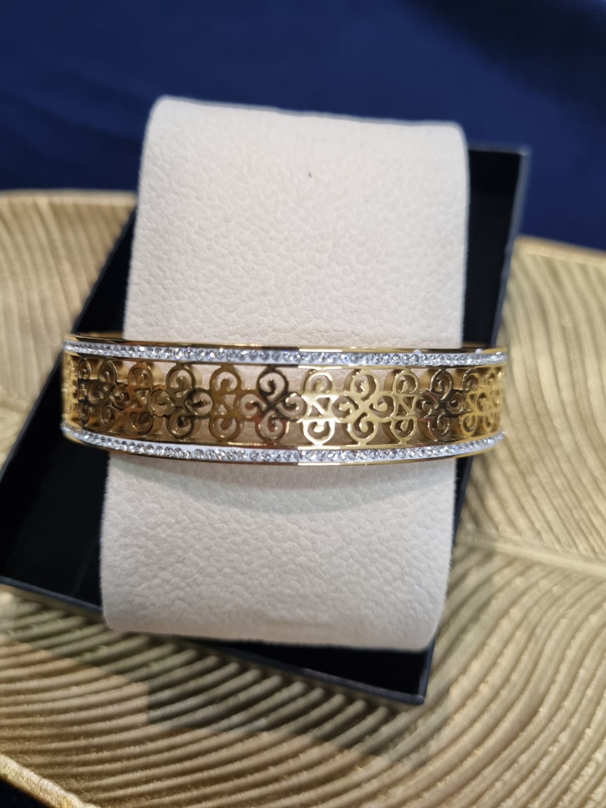 Elegant Gold-Plated Filigree Cuff Bracelet - Crystal Accents | Durable & Tarnish-Resistant Wide Band Jewelry for Women
