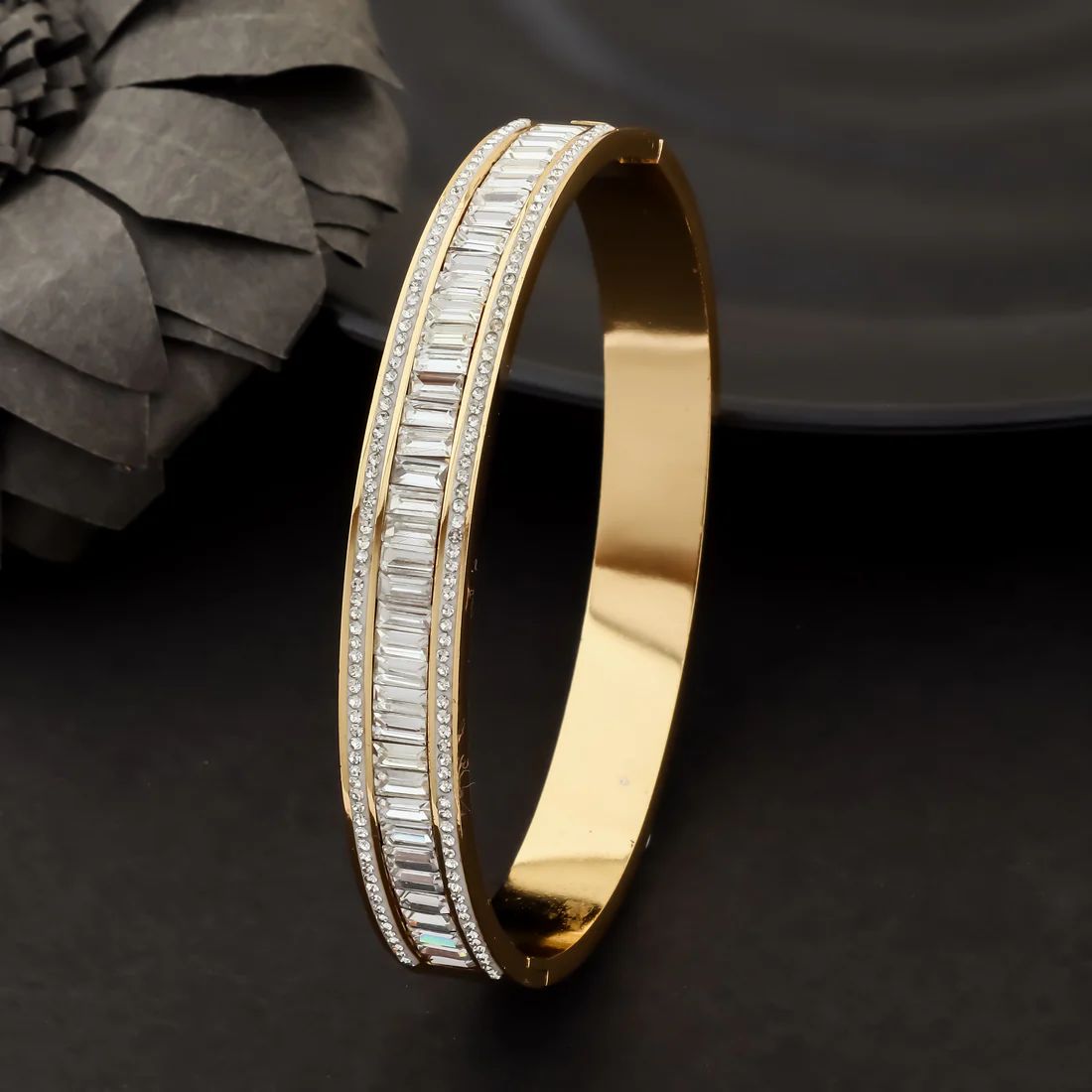 Gold Baguette Crystal Hinged Bangle – Elegant Minimalist Bracelet