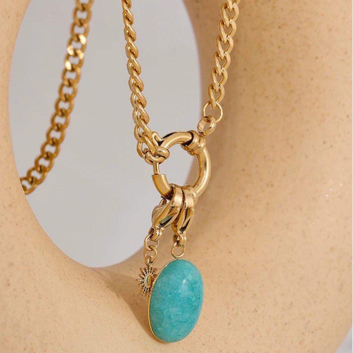 Gold Chunky Curb Chain Necklace with Oval Turquoise Pendant