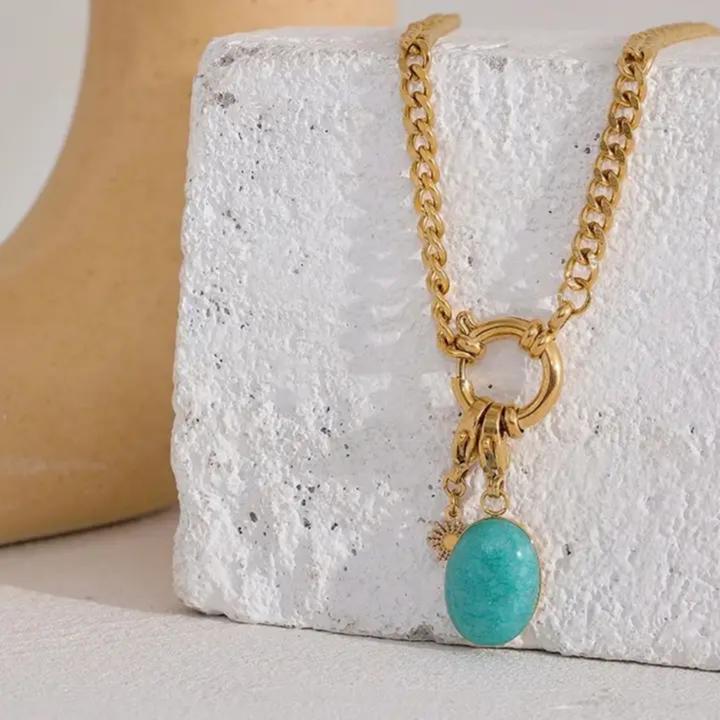 Gold Chunky Curb Chain Necklace with Oval Turquoise Pendant