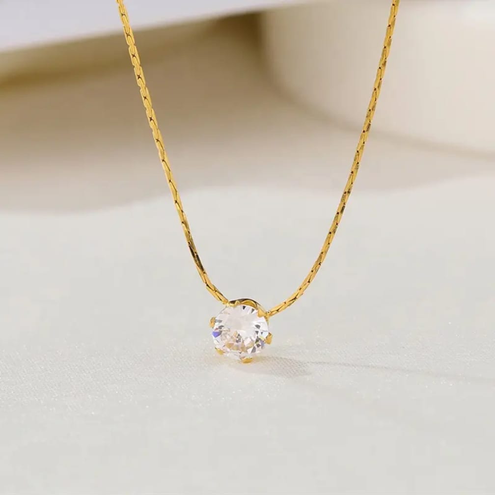 Minimalist Gold Plated Single Diamond Style Pendant Necklace