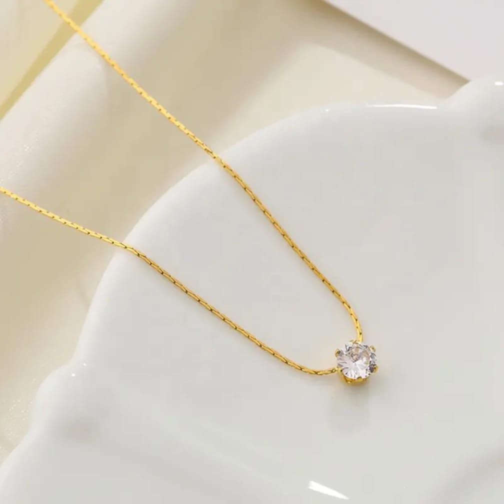 Minimalist Gold Plated Single Diamond Style Pendant Necklace