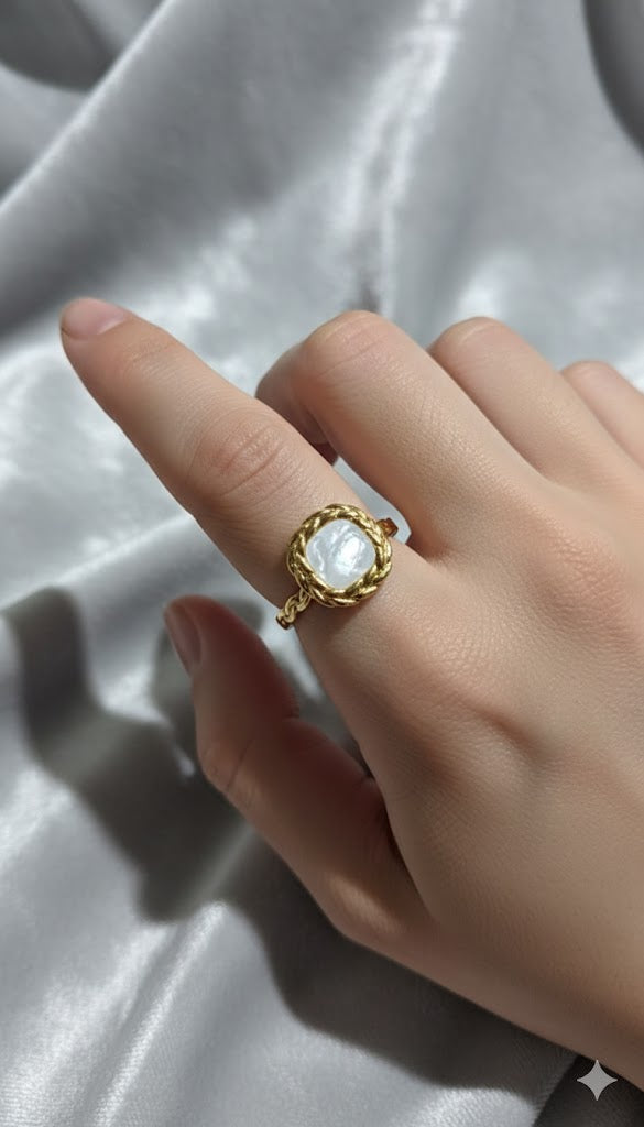 Trendy Gold Plated Mother of Pearl Ring - Braided Anti-Tarnish Daily Wear Jewelry