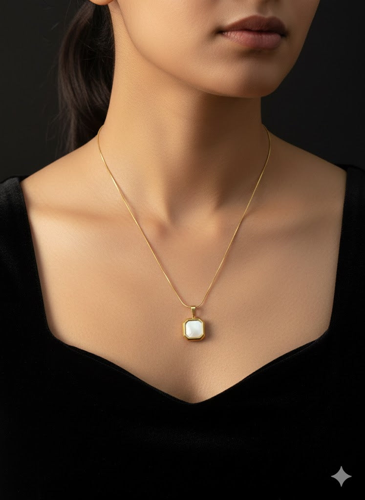 Elegant Gold-Plated Mother of Pearl Pendant Necklace | Square Octagon Bezel | Durable & Waterproof Everyday Jewelry