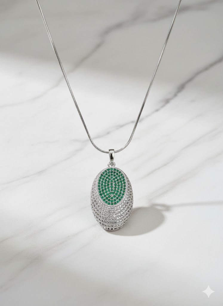 Emerald Green & White Zirconia Pave Oval Pendant Necklace - Sterling Silver Finish, Durable, Everyday Elegance