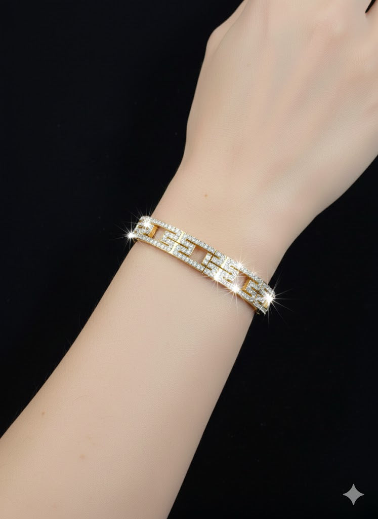 Luxury Greek Key Meander Diamond-Cut Gold Plated Bangle Bracelet - Durable & Everyday Wear
