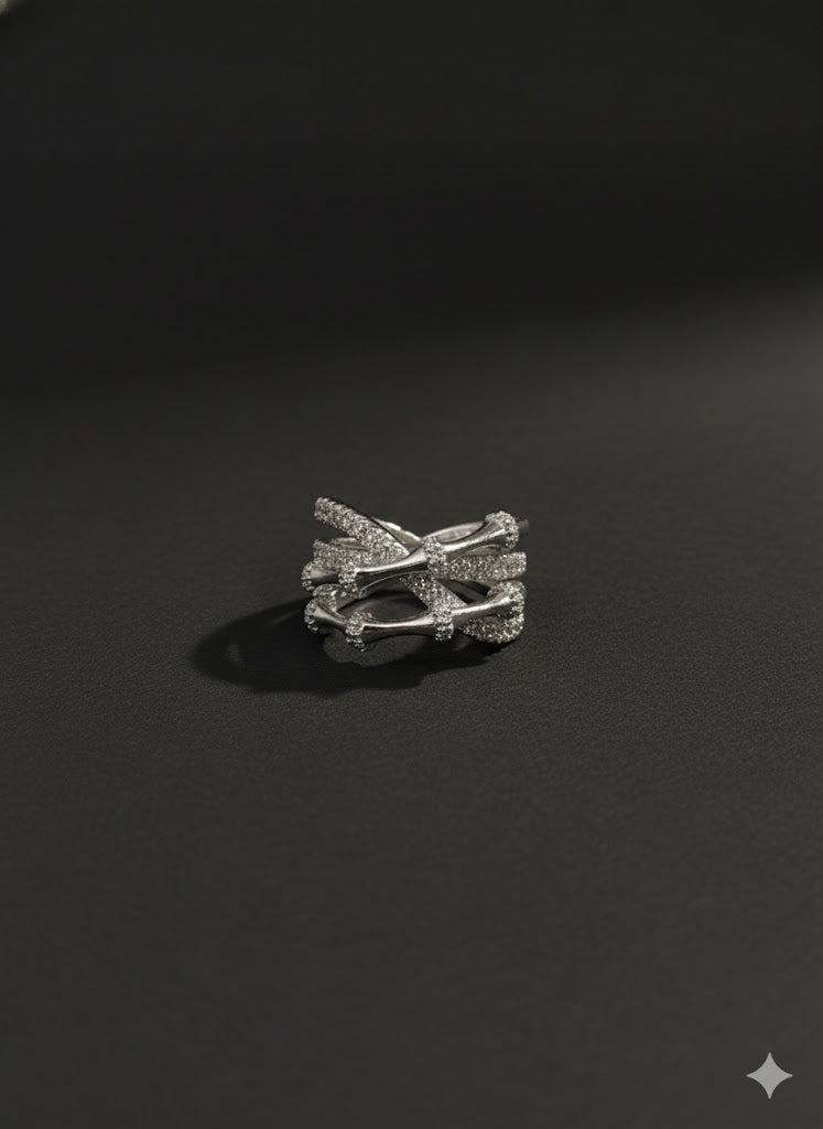 Sparkling Criss-Cross Bamboo Ring - Micro Pave Cubic Zirconia, Sterling Silver, Everyday Statement Band