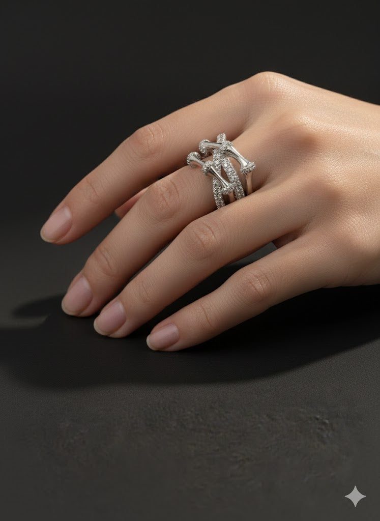 Sparkling Criss-Cross Bamboo Ring - Micro Pave Cubic Zirconia, Sterling Silver, Everyday Statement Band