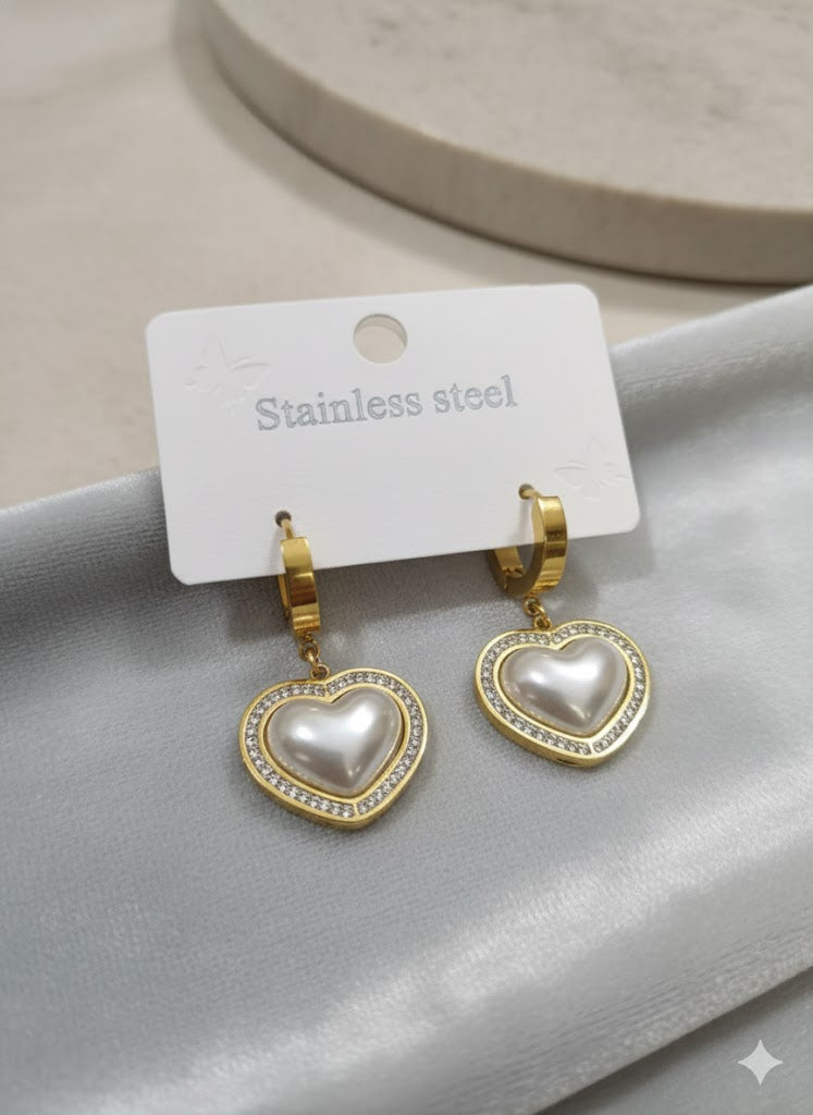 Luxury Gold Stainless Steel Heart Earrings | Pearl & Pave CZ Huggie Hoops | Durable, Hypoallergenic Everyday Jewelry