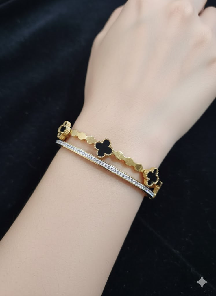 Luxury Gold-Plated Clover & Pave Crystal Double-Layer Bangle | Durable Stainless Steel Everyday Bracelet