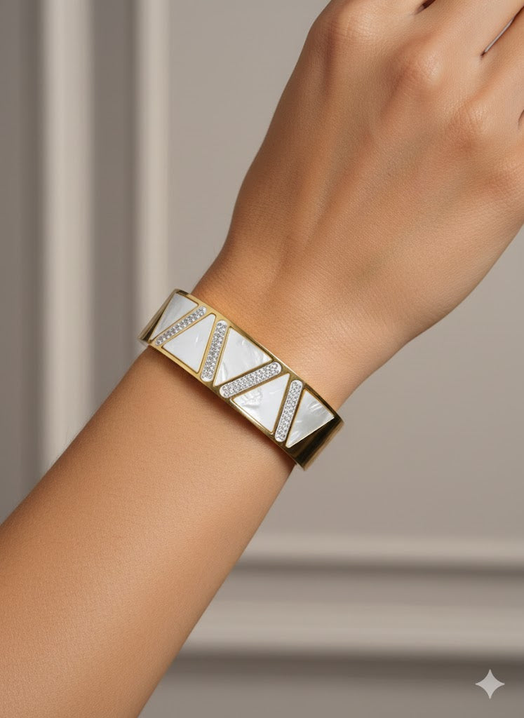 Luxury Mother-of-Pearl & Crystal Gold-Tone Cuff Bracelet | Premium Geometric Statement Jewelry for Everyday Elegance